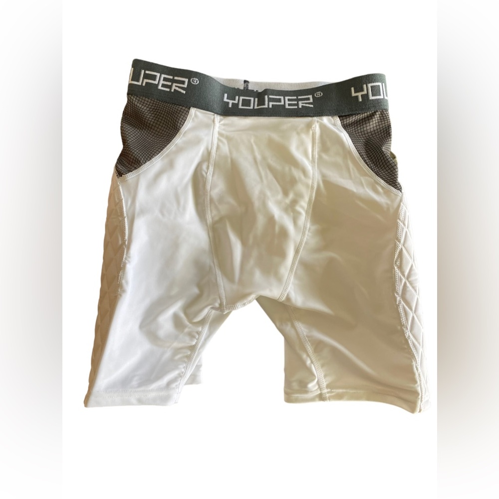 YOUPER boys white baseball sliding shorts padded sides youth size large NWT